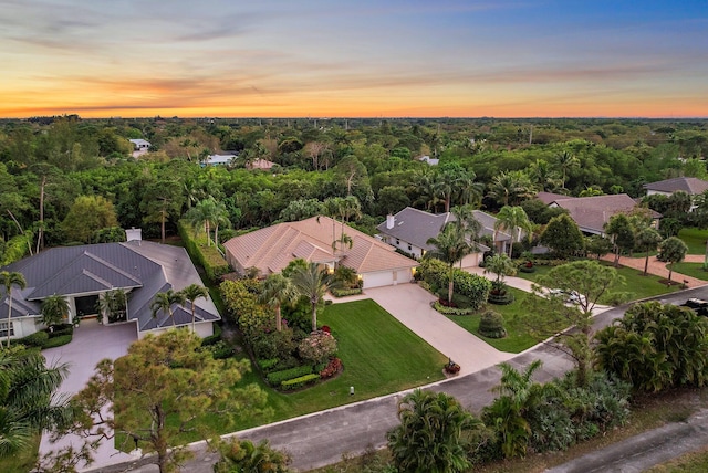 aerial view at dusk with a view of trees