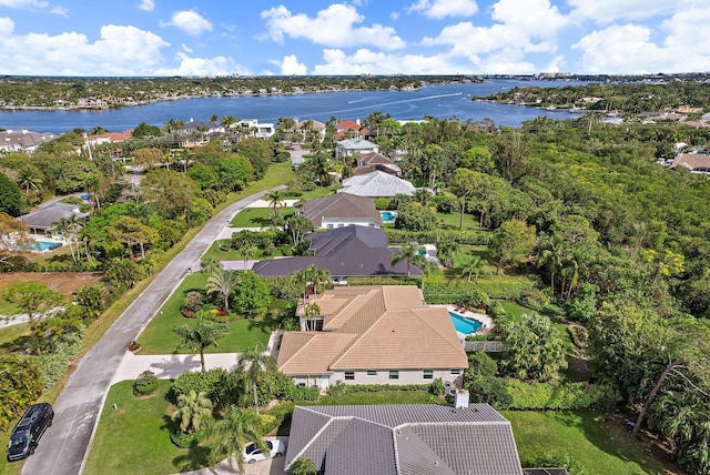 drone / aerial view featuring a water view