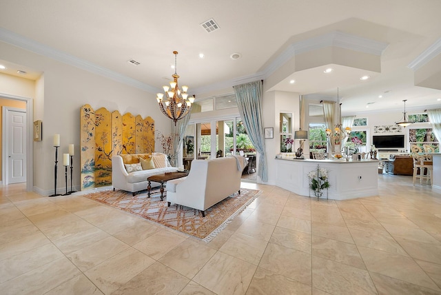 living area with recessed lighting, a notable chandelier, visible vents, baseboards, and ornamental molding