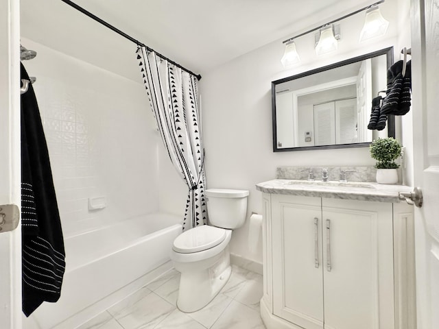 full bathroom featuring baseboards, toilet, marble finish floor, shower / bathtub combination with curtain, and vanity