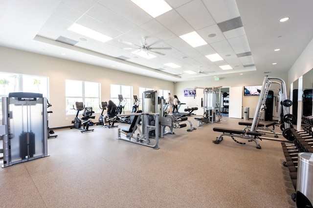 exercise room featuring a drop ceiling, a tray ceiling, and a ceiling fan