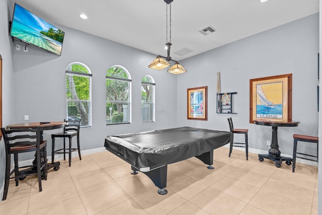 playroom with visible vents, billiards, baseboards, and light tile patterned floors