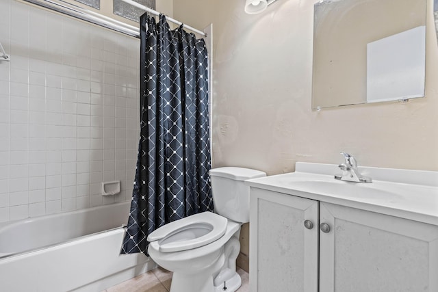 full bathroom with toilet, tile patterned floors, shower / bath combo with shower curtain, and vanity