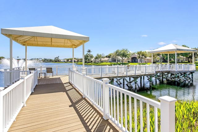 dock area featuring a water view and a gazebo