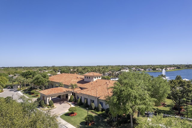 drone / aerial view with a water view