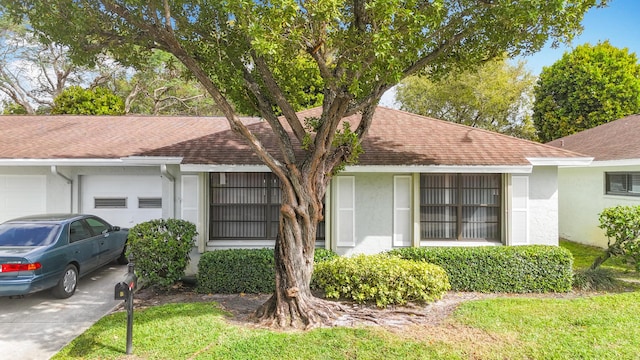 view of side of home featuring roof with shingles, an attached garage, and stucco siding