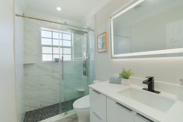 full bathroom with recessed lighting, a marble finish shower, vanity, and toilet