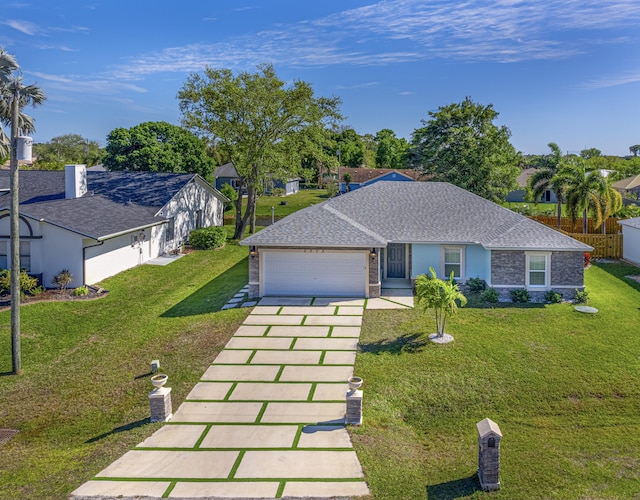 single story home with a garage, a front yard, driveway, and fence