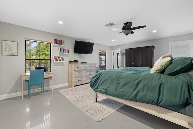 bedroom featuring visible vents, a ceiling fan, recessed lighting, light tile patterned floors, and baseboards