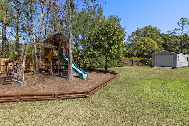 view of play area with an outbuilding, a lawn, and a fenced backyard