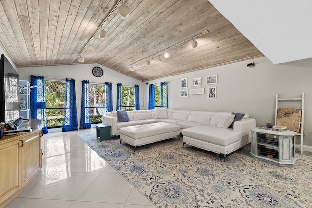 tiled living area with lofted ceiling, rail lighting, and wood ceiling