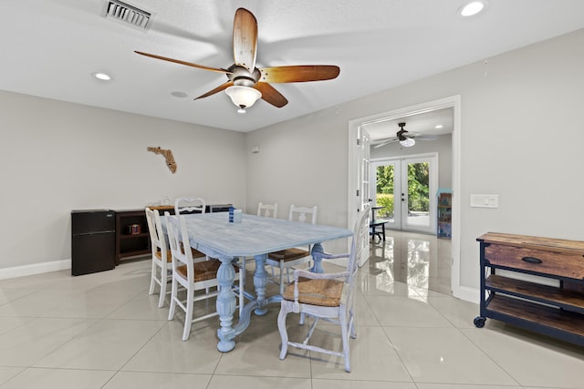 dining room featuring visible vents, recessed lighting, french doors, light tile patterned floors, and baseboards