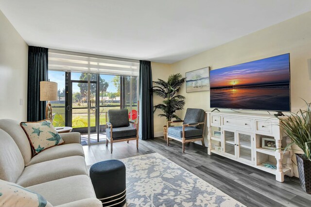 living area featuring floor to ceiling windows and wood finished floors