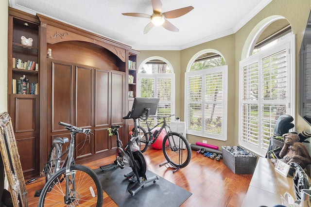 workout area with a textured ceiling, ornamental molding, wood finished floors, and a ceiling fan