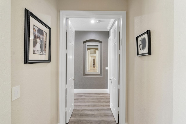 hall with baseboards, wood finished floors, and a textured wall