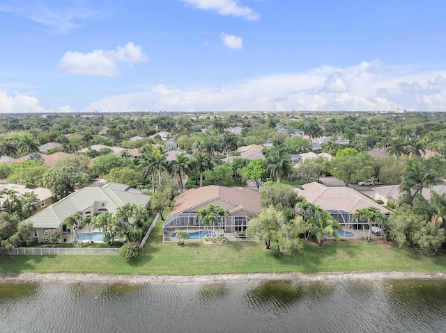 aerial view featuring a residential view and a water view