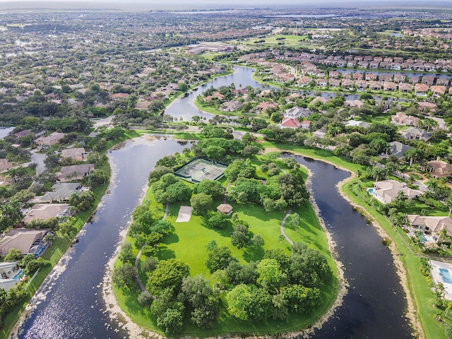 aerial view featuring a water view and a residential view