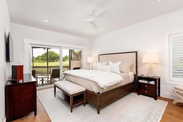 bedroom featuring light wood-type flooring, a ceiling fan, recessed lighting, baseboards, and access to exterior