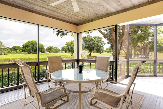 sunroom with wooden ceiling and a ceiling fan