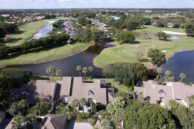 drone / aerial view featuring a water view and view of golf course