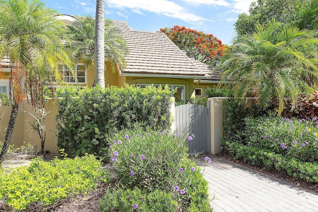 view of property exterior with stucco siding and a gate