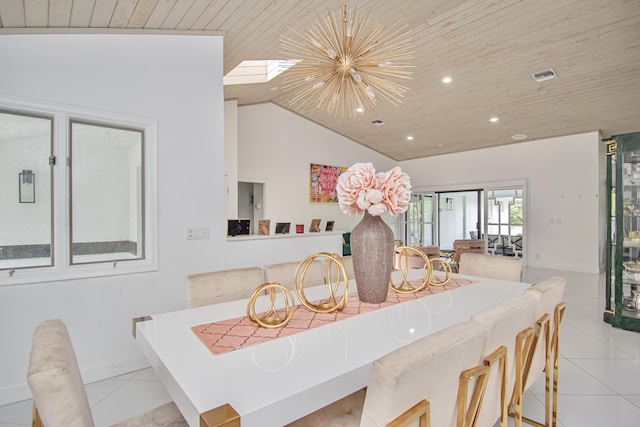 dining room featuring visible vents, wood ceiling, lofted ceiling, an inviting chandelier, and light tile patterned flooring