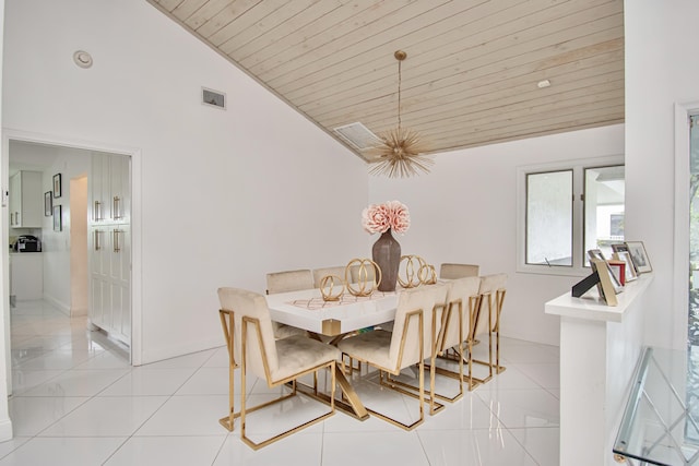 dining space with baseboards, visible vents, high vaulted ceiling, light tile patterned flooring, and wooden ceiling