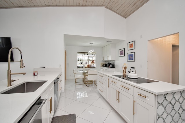 kitchen with a sink, stainless steel dishwasher, wooden ceiling, light tile patterned floors, and black electric stovetop