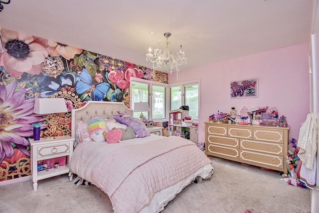 carpeted bedroom featuring a notable chandelier