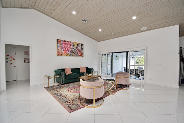 living area with visible vents, baseboards, wood ceiling, light tile patterned flooring, and high vaulted ceiling