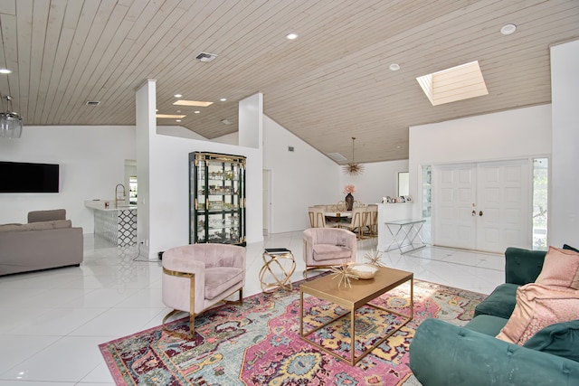 tiled living room featuring visible vents, recessed lighting, wooden ceiling, and high vaulted ceiling