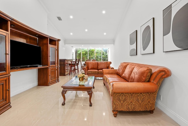 living area with lofted ceiling, crown molding, baseboards, and recessed lighting