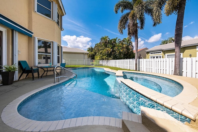 view of swimming pool featuring a fenced in pool, a patio, and a fenced backyard