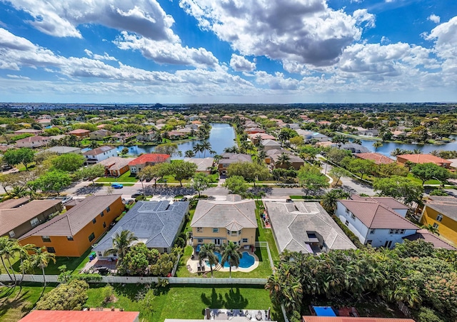 bird's eye view featuring a residential view and a water view