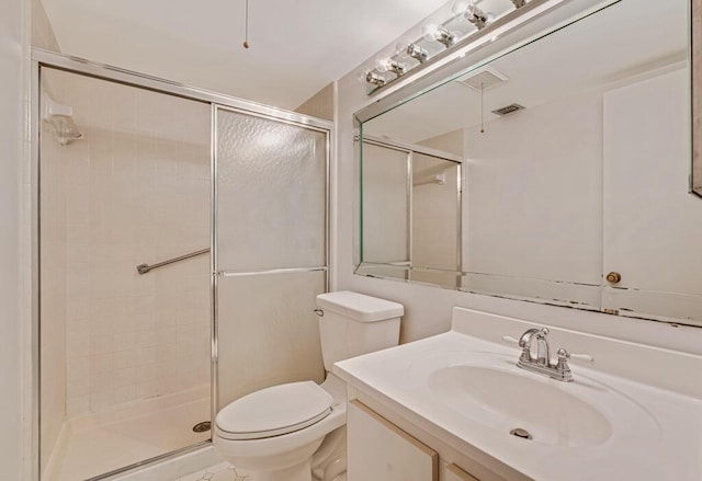 full bath featuring visible vents, vanity, a shower stall, and toilet