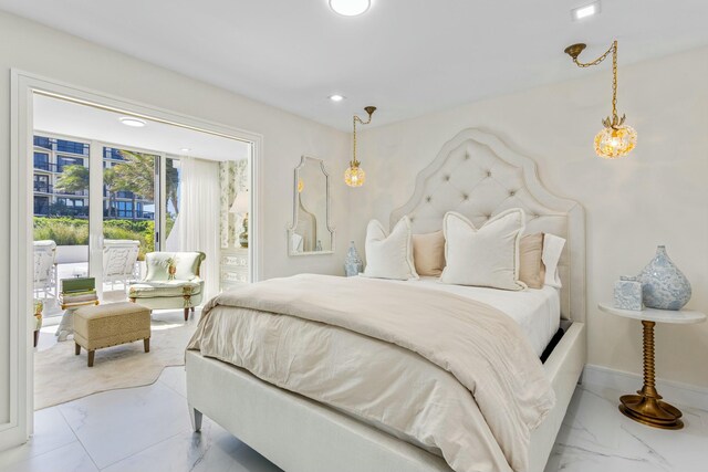 bedroom featuring recessed lighting, baseboards, marble finish floor, and access to outside