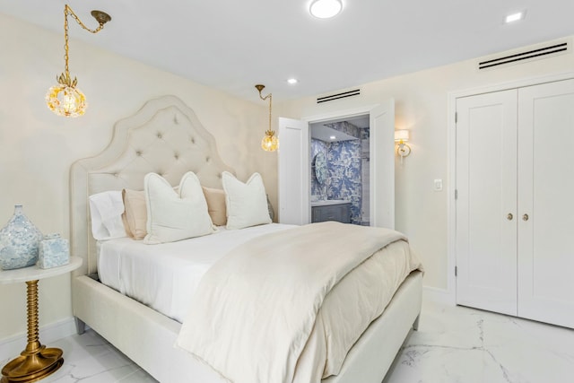 bedroom with recessed lighting, visible vents, baseboards, and marble finish floor