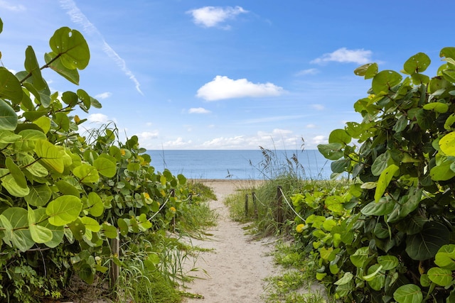 property view of water featuring a beach view