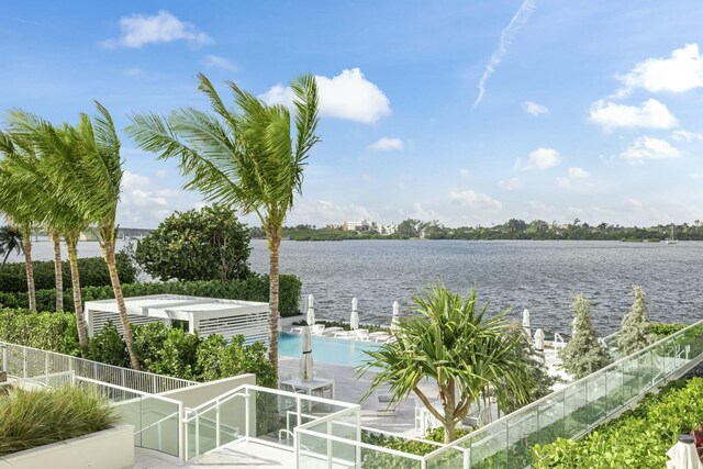 property view of water featuring fence