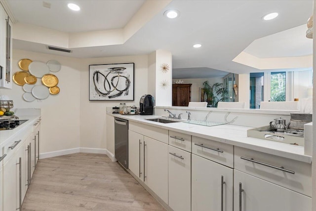 kitchen with a sink, a raised ceiling, stainless steel dishwasher, and recessed lighting