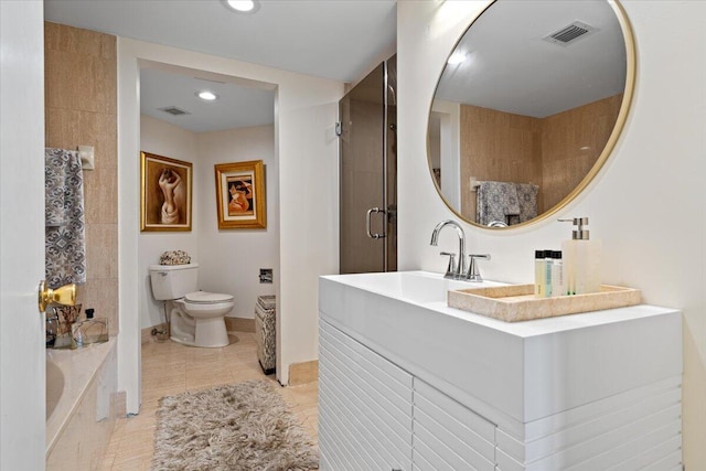 bathroom featuring tile patterned flooring, toilet, a shower, and visible vents