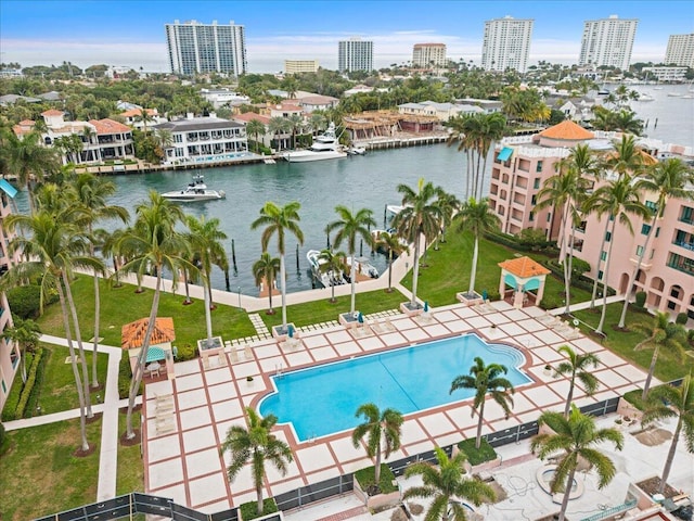 aerial view with a water view and a city view