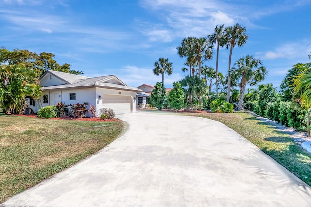 ranch-style home with stucco siding, an attached garage, driveway, and a front yard