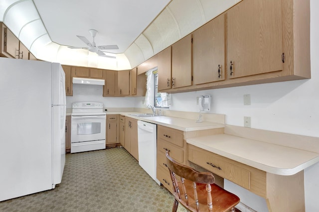 kitchen featuring a ceiling fan, under cabinet range hood, a sink, white appliances, and light floors