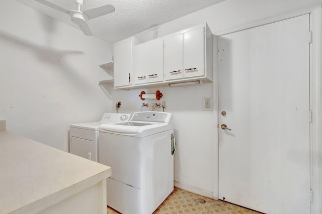 washroom with washing machine and clothes dryer, cabinet space, a textured ceiling, and a ceiling fan