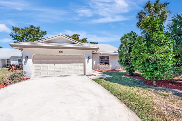 ranch-style house with a front lawn, an attached garage, driveway, and stucco siding