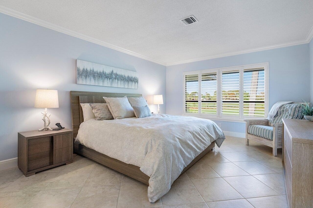 bedroom featuring light tile patterned floors, baseboards, visible vents, a textured ceiling, and crown molding