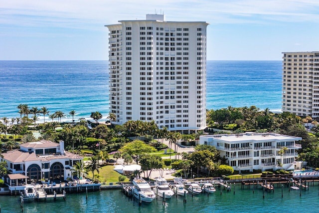 birds eye view of property featuring a water view