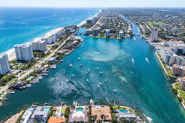 drone / aerial view with a water view and a city view