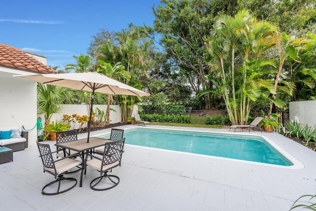 view of swimming pool featuring a patio area, a fenced in pool, and a fenced backyard